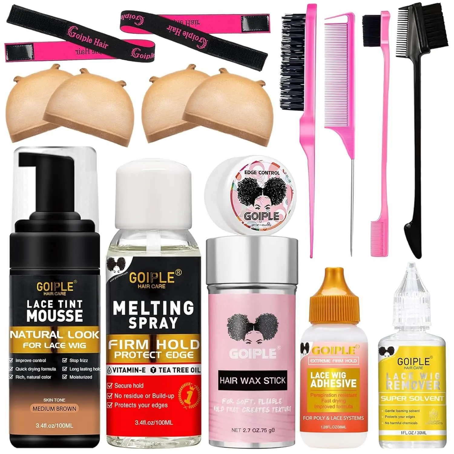 Lace Glue Kit Complete Set with Lace Tint Mousse, Lace Melting Spray Wig Glue for Women's Wigs and Hairpieces - Wig Installation Kit & Tape in Extension Rmover & Cap (Medium Brown)