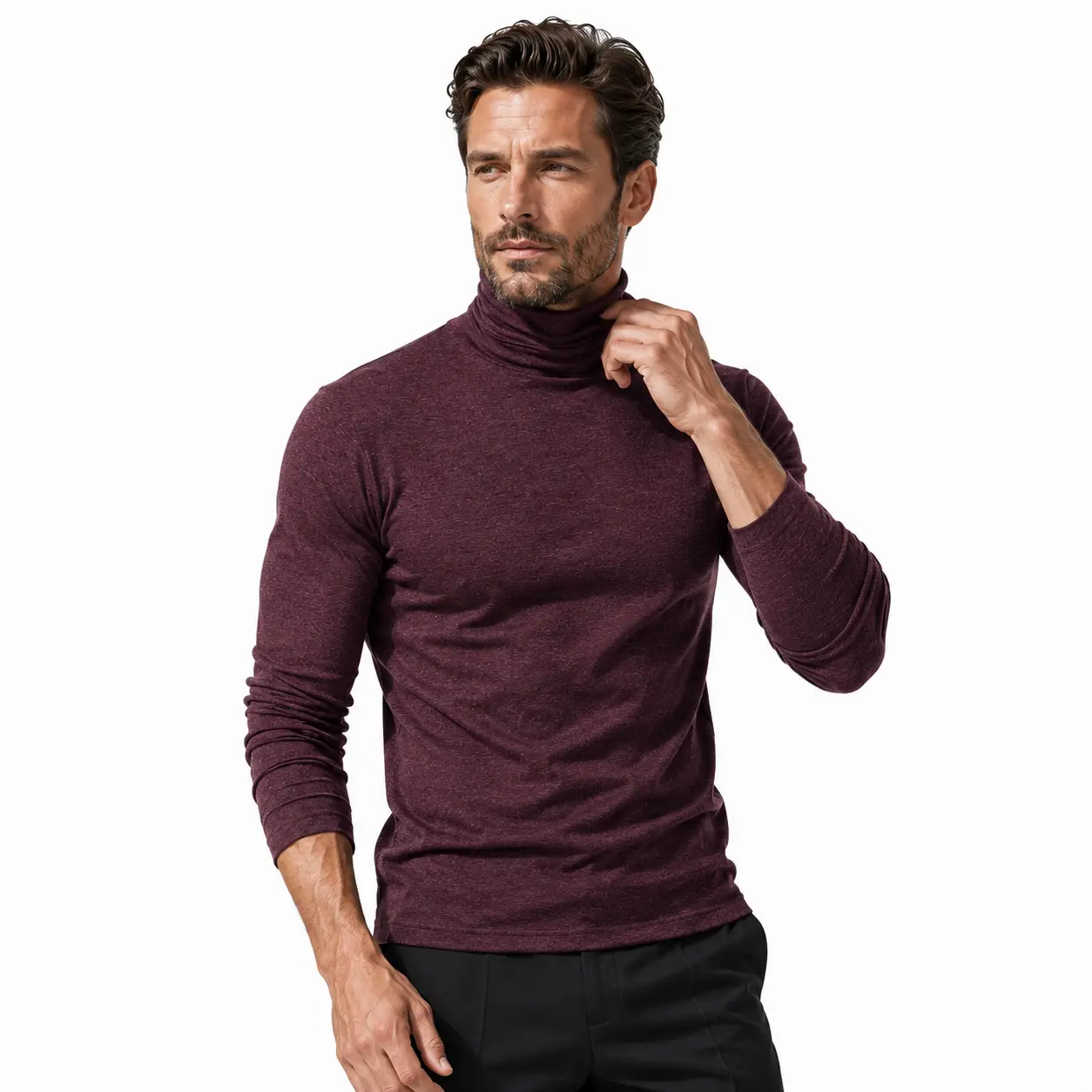 Men's Plain Black Slim-Fit Long-Sleeve Turtleneck Pullover Shirt - Menswear Solid Knit Top for Office Style, Business Casual Outfits, Layering; Beige Option