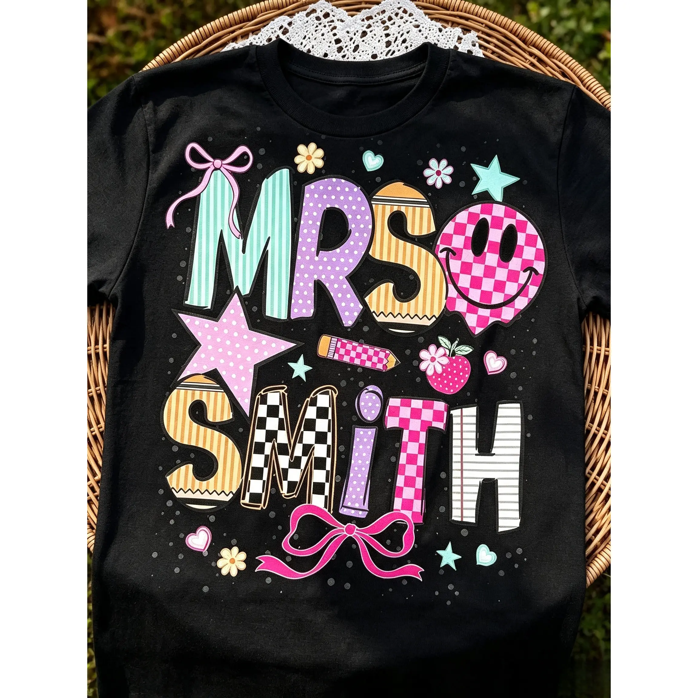 Teacher Name Shirt, Striped Neon Coquette Bow Tee, Personalized Teacher T-Shirt, Back to School Teacher Gift