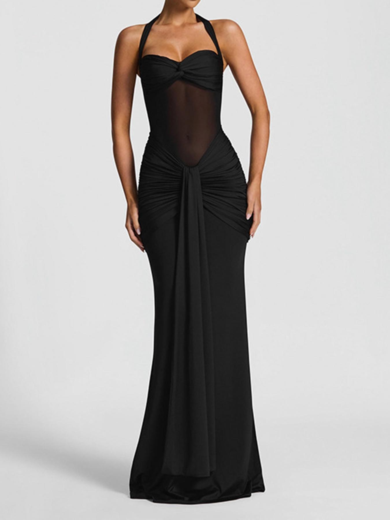 Elegant Women's Halter Neck Tie Back Sheer Mesh Dress, Sexy Long Flowy Gown, Fashionable Plain Color Evening Wear