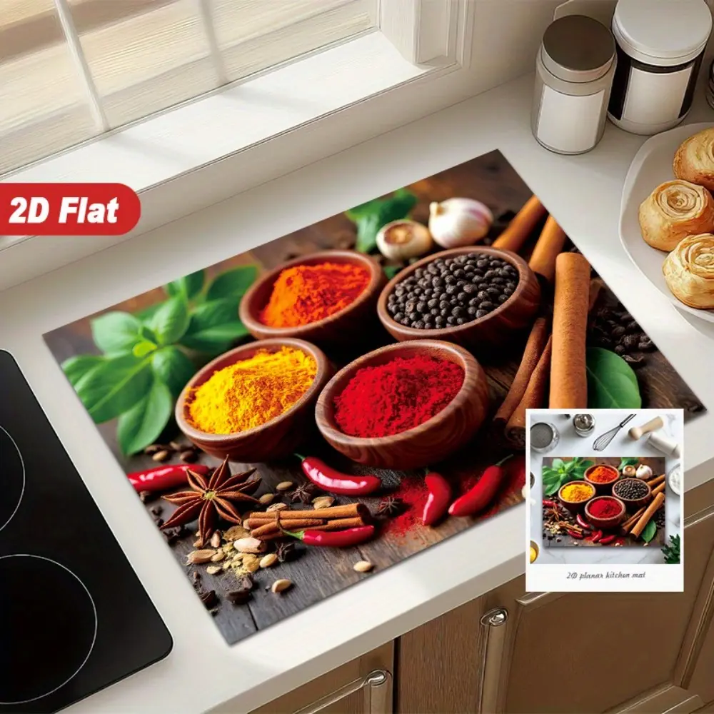 Spice and herbal element pattern design rubber stove protective cover - heat-resistant, non slip, absorbent, easy to clean, oven mat, refrigerator mat, kitchen stove cover, suitable for surface protection of ovens, washing machines and appliances