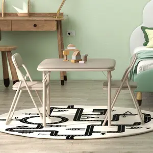 Folding 3-Piece Children's Activity Table and Chair Set, Square Card Table with PU Soft Cushion, Metal Frame, Black, Ideal for Daycare & Classroom