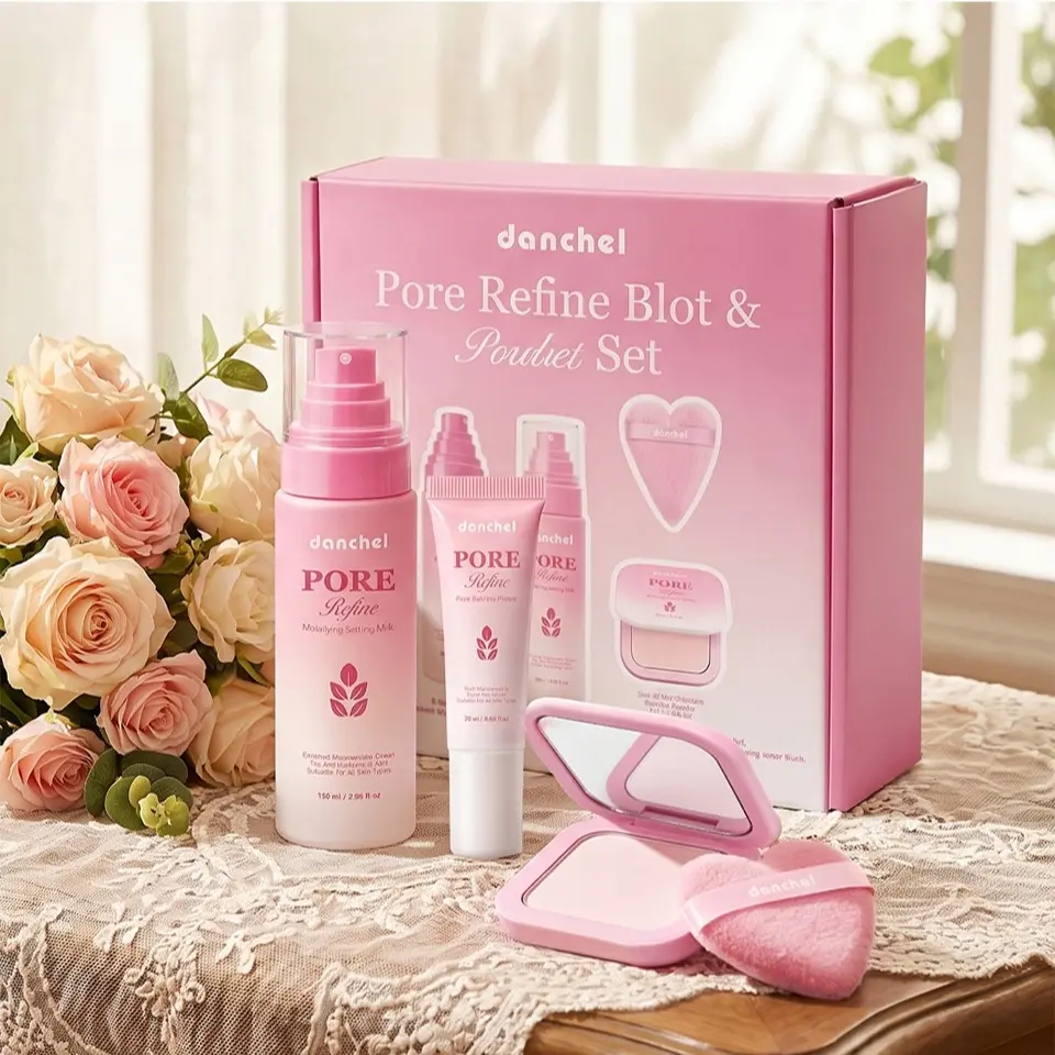 Full Face Makeup Base Setting Kit, Complexion Perfecting Set, Oil Control Pore Minimizing Primer + Matte Setting Spray + Blotting Powder With Heart Sponge Puff, Long Wear Waterproof Makeup Prep Set, Makeup Sets