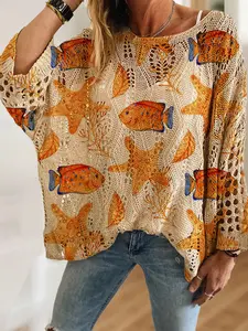 Women's Ocean Element Fish Animal Print Batwing Long Sleeve Knit Top, Elegant Casual Vacation Style Sweater, Loose Fit, Spring Fall Fashion