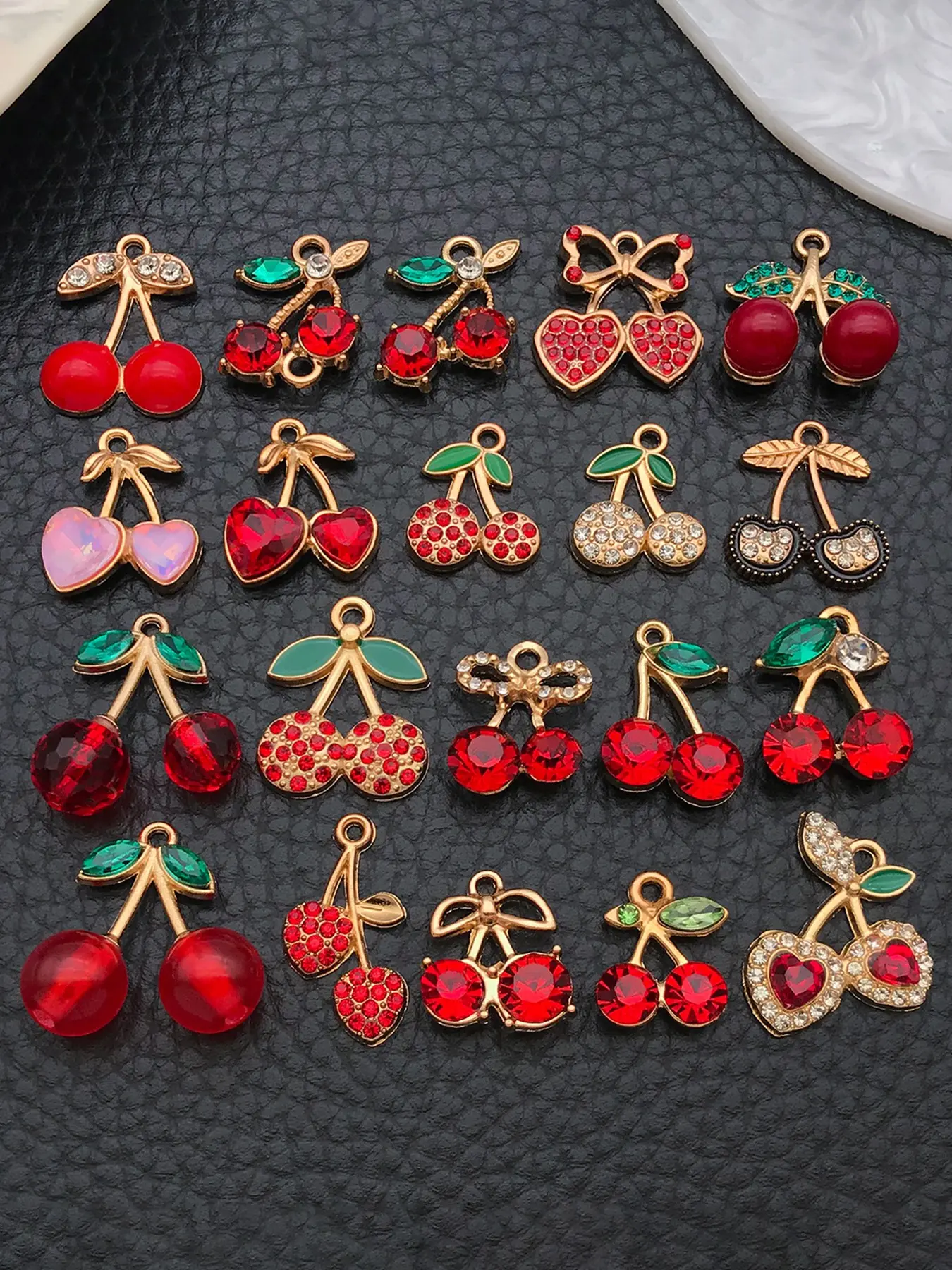 20pcs Assorted Rhinestone Cherry Charms, Golden Plated Enamel Fruit Pendants for DIY Jewelry Making Earrings Necklace Bracelet Phone Bag Decoration Accessories, Dangling Charms, Charms For Necklaces
