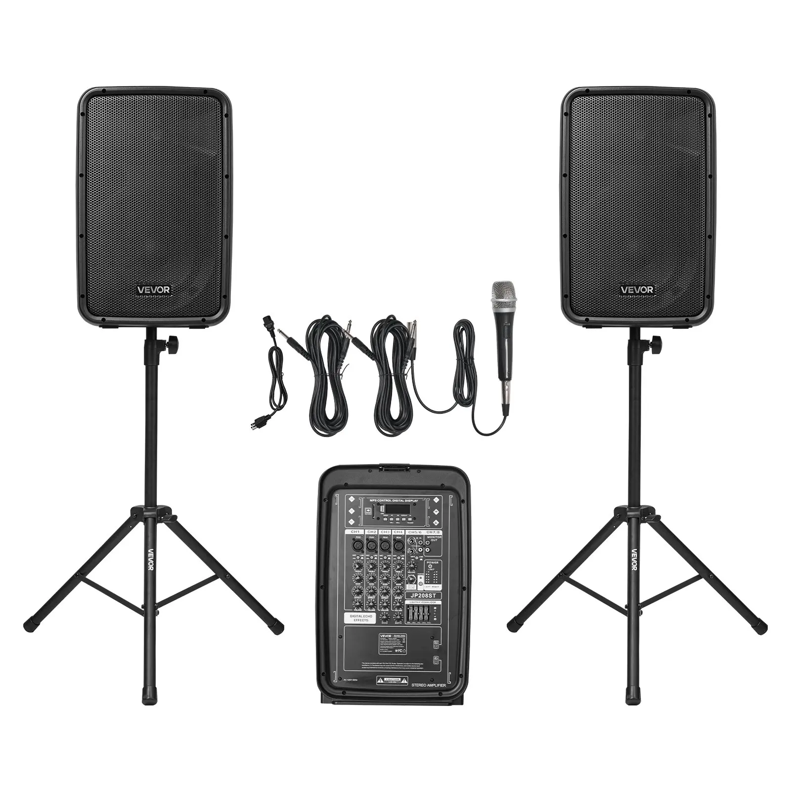 VEVOR Portable PA System, 300W Powered, Sound System Set with 8 Channel Mixer, Dual Speakers, Wireless Bluetooth, Microphone, Compact Stands, USB SD XLR RCA Inputs, Remote Control, for DJs Events, Audio, Devices