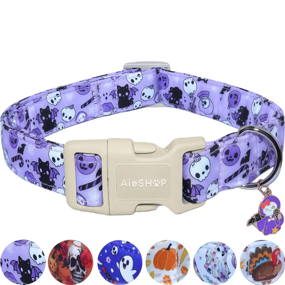 Halloween-themed dog collar printed with skulls and black cats, soft and wear-resistant cotton puppy neck band, quick-release adjustable comfortable pet collar, suitable for male and female dogs of all sizes, a Halloween gift for furry kids
