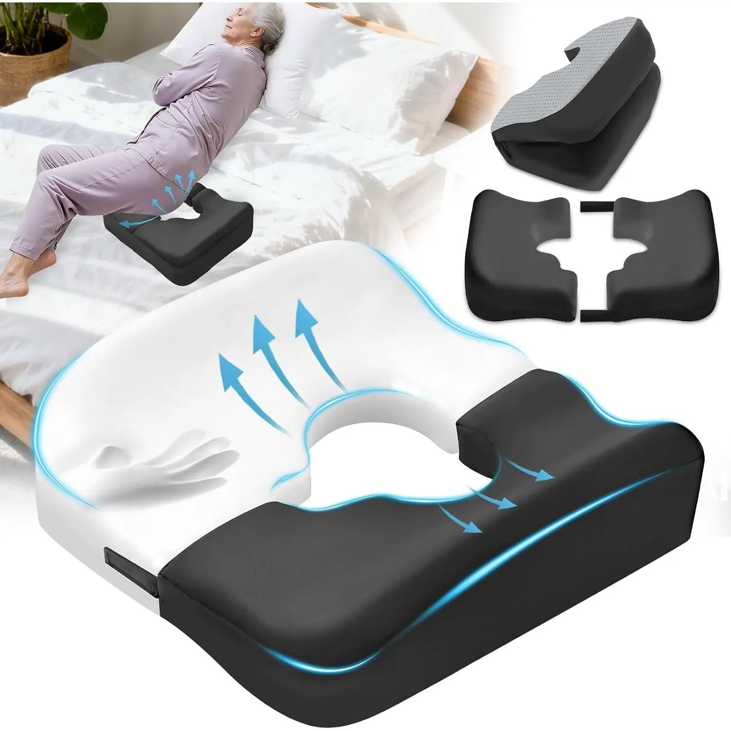Upgraded Bed Sore Cushions for Butt, Bedsore Pressure Relief Pillow for Sleeping and Sitting,Memory Foam Bed Sore Donut Pillow,Tailbone Pain Relief Cushion for Bed Sores on Buttocks, Black