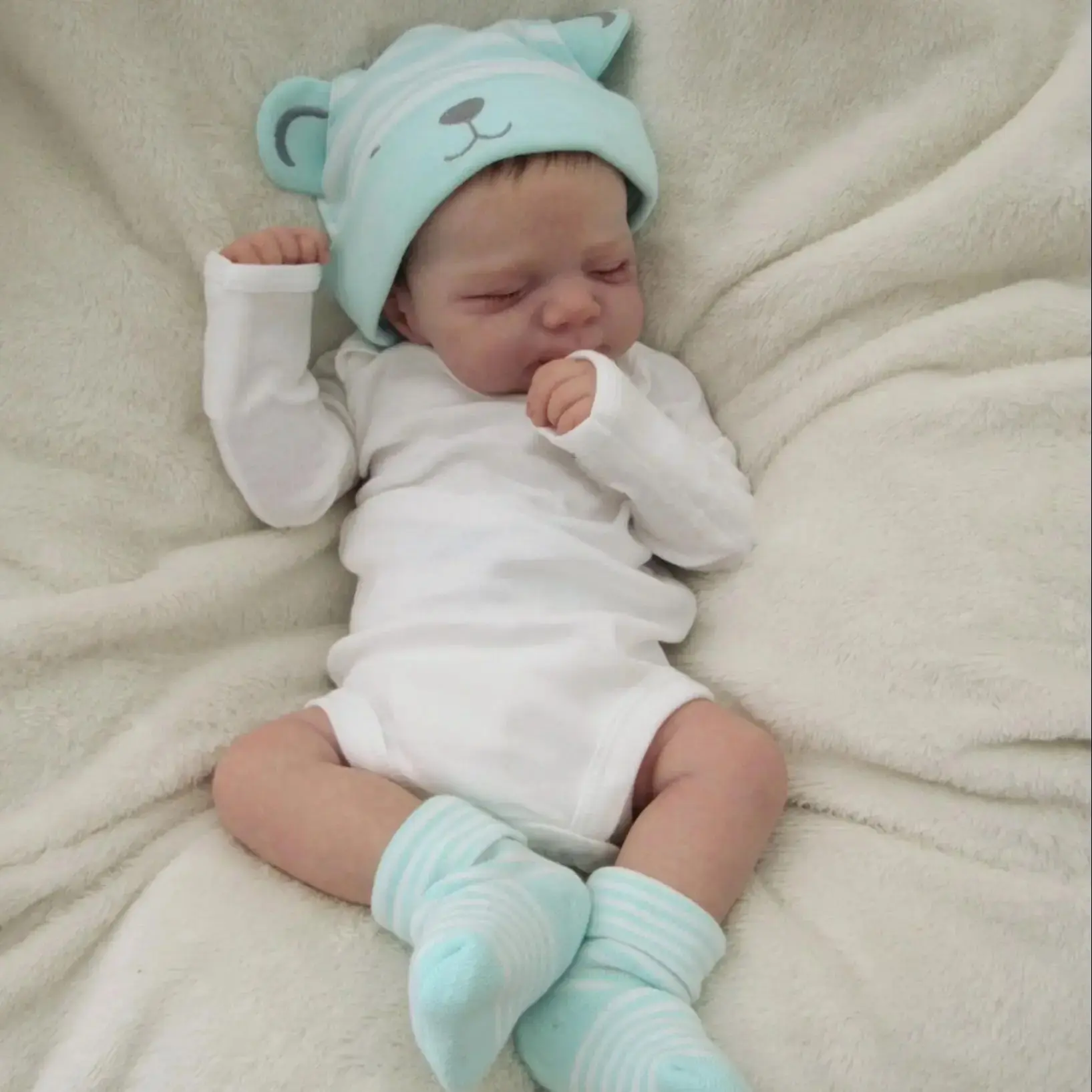 18-inch Reborn doll/plush toy (for home decor) featuring a light blue hat with bear ears; includes a water-feeding function and has a realistic, soft body.