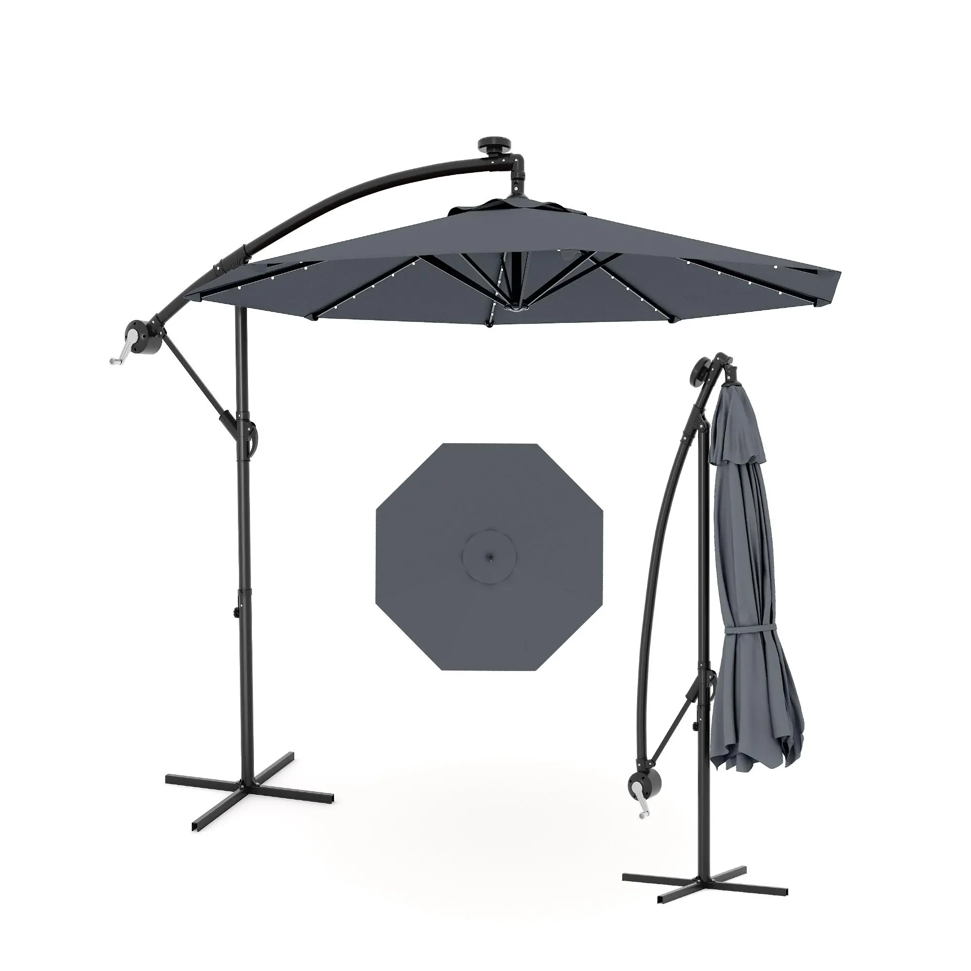 10FT Solar LED Cantilever Patio Umbrella, Outdoor Umbrella with 360° Rotation & Infinite Tilt – UV Resistant Waterproof Sun Shade for Garden Deck Pool porch light