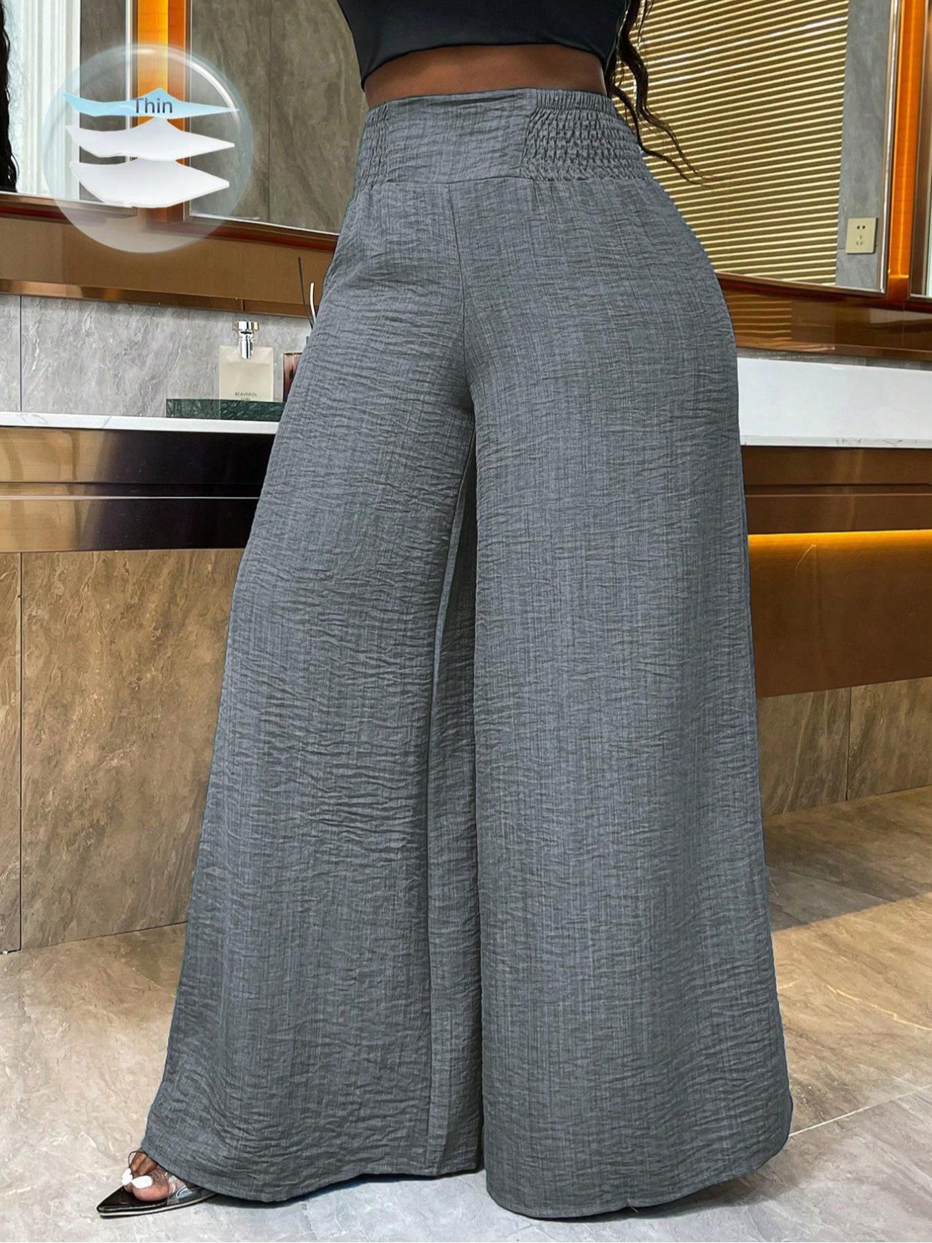 Plus Size Plain Shirred High Waist Wide Leg Pants, Casual Comfy High Rise Palazzo Trousers for Daily Wear, Women's Bottoms for Summer