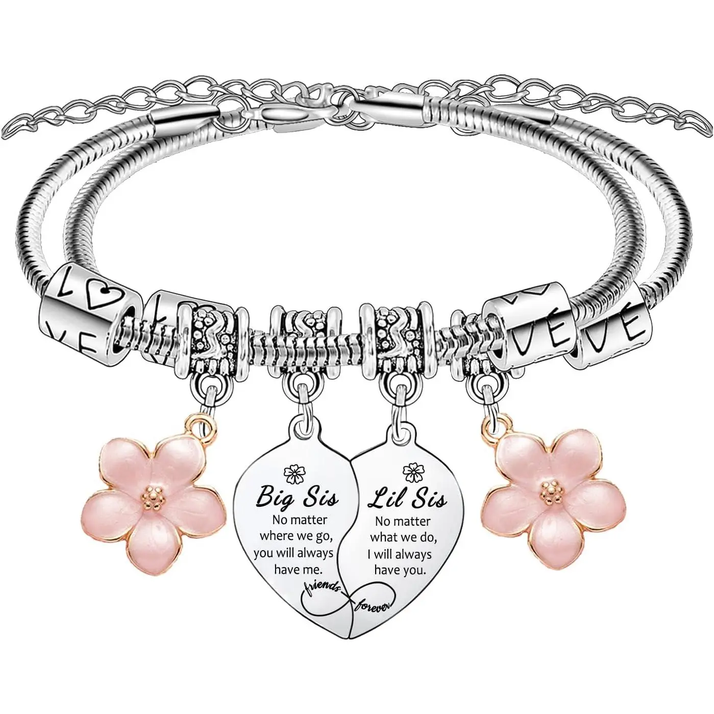 Big Sister Little Sister Gifts 2 count Heart Matching Bracelets for Sisters Bracelets for Big Sis Lil Sis Bracelet Gifts for Sisters  Besties Christmas Birthday Present Flower Charm Bracelet