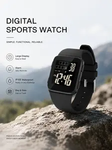 Square-faced digital sports watch, unisex style, water-resistant LED display, featuring an alarm, stopwatch, and luminescent display. This multifunctional watch comes with a casual TPU strap and is ideal for outdoor running, workouts, and everyday wear.