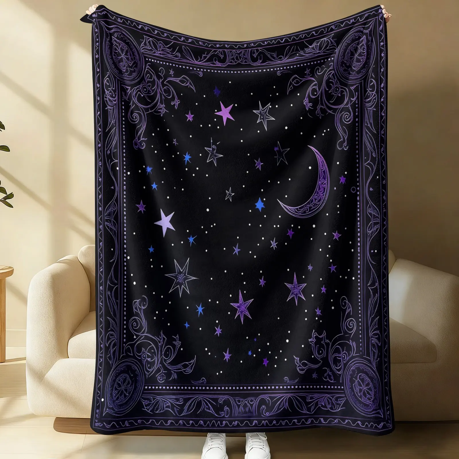Dark Gothic Purple Celestial Plush Blanket, Multi-Scenario Sofa Couch Bed blanket cover for Bedroom, Yoga, Road Trip, Reading Nook, Anti-Pilling Warm Throw, Mystical Witchy Home Decor Present