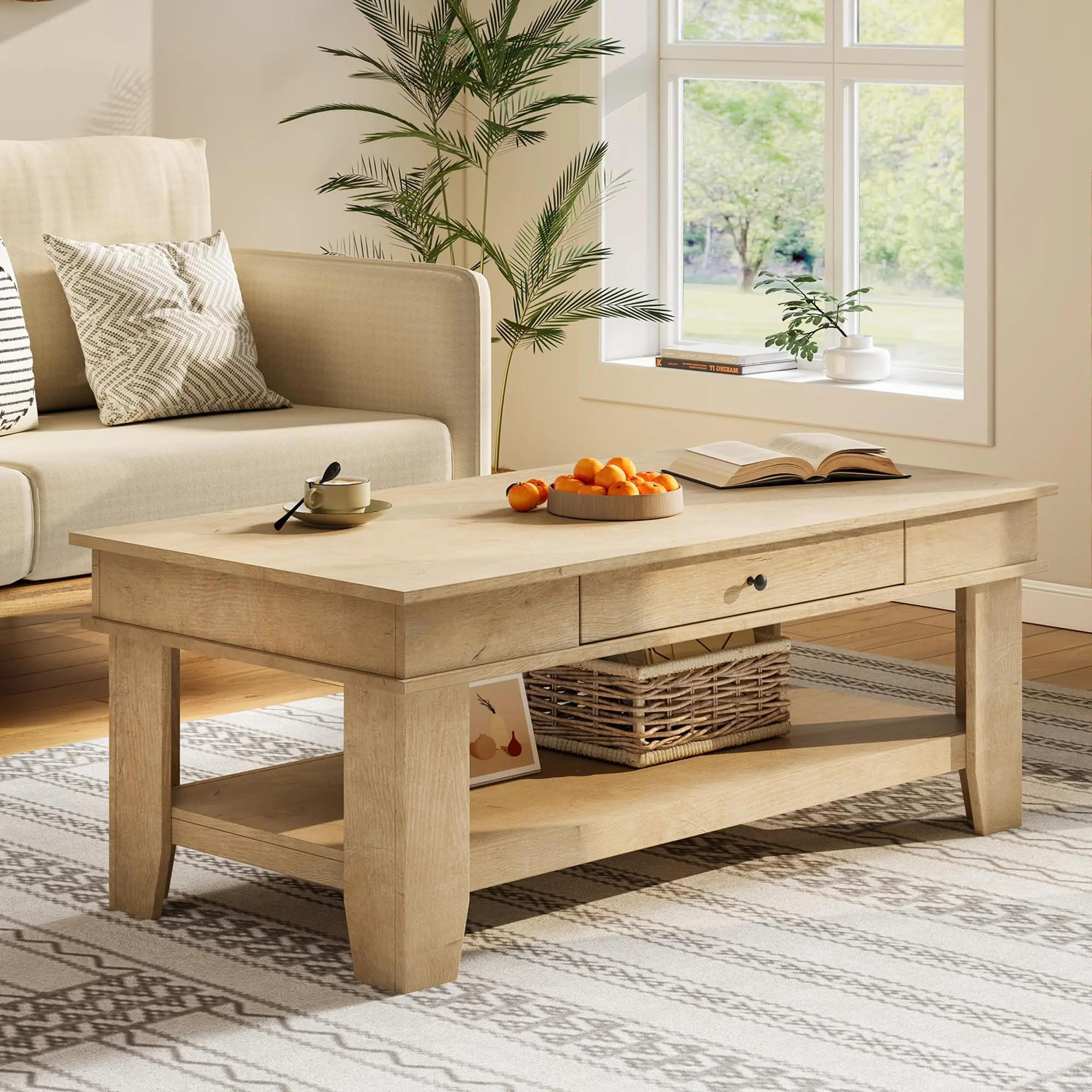 【GARVEE】FathersDayGift Rustic Walnut Rectangular Coffee Table with Drawer & Open Storage Shelf, Four-Leg Heavy Duty Center Table for Modern Farmhouse Living Room - summergarden