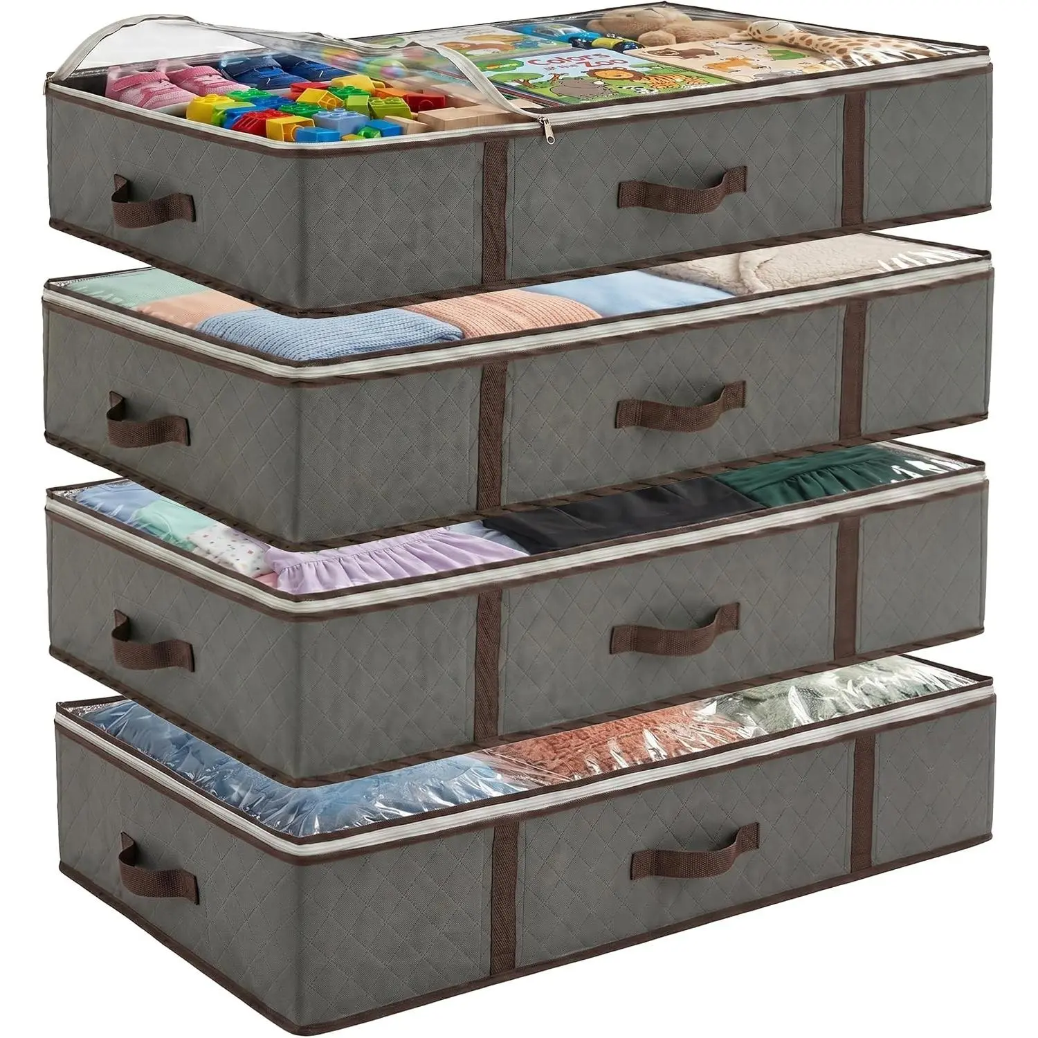 Underbed Storage Bags 4-Pack - Foldable Storage Organizer for Clothes, Bedroom Blankets, Comforter, Pillows, Linen Sheets, Towels, Sweaters, Shoe Drawers - Ideal for College Dorms (Grey)