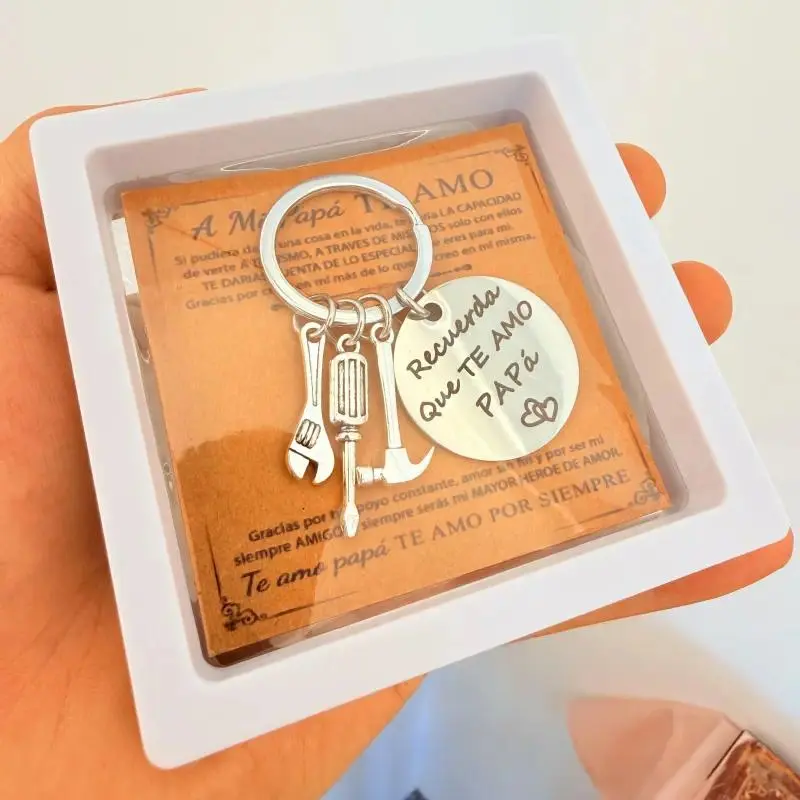 Stainless Steel "Recuerda Que Te Amo Papá" Keychain with Handyman Tool Charm & Gift Box, Father's Day & Birthday Dad Gifts (Cycling Leisure Accessory), Father's Day Gifts