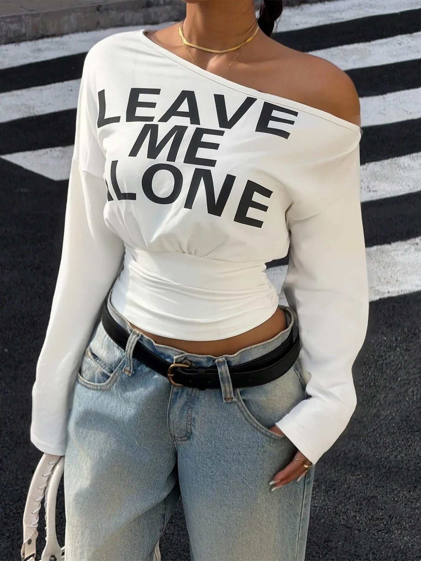 Sexy One-Shoulder Long Sleeve Top, Letter Print Waist Cinch Ruched Backless Crop T-Shirt, Trendy Chic Fashion Women's Clothing