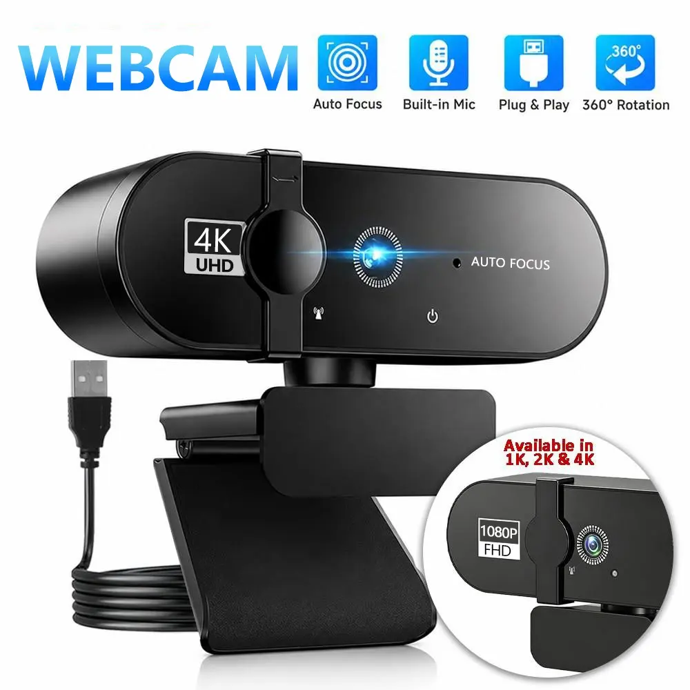 4K Uhd Webcam with Microphone & Privacy Cover, Auto Focus Wide Angle USB Camera, Hdr Low Light, Plug & Play for Gaming & Home Office