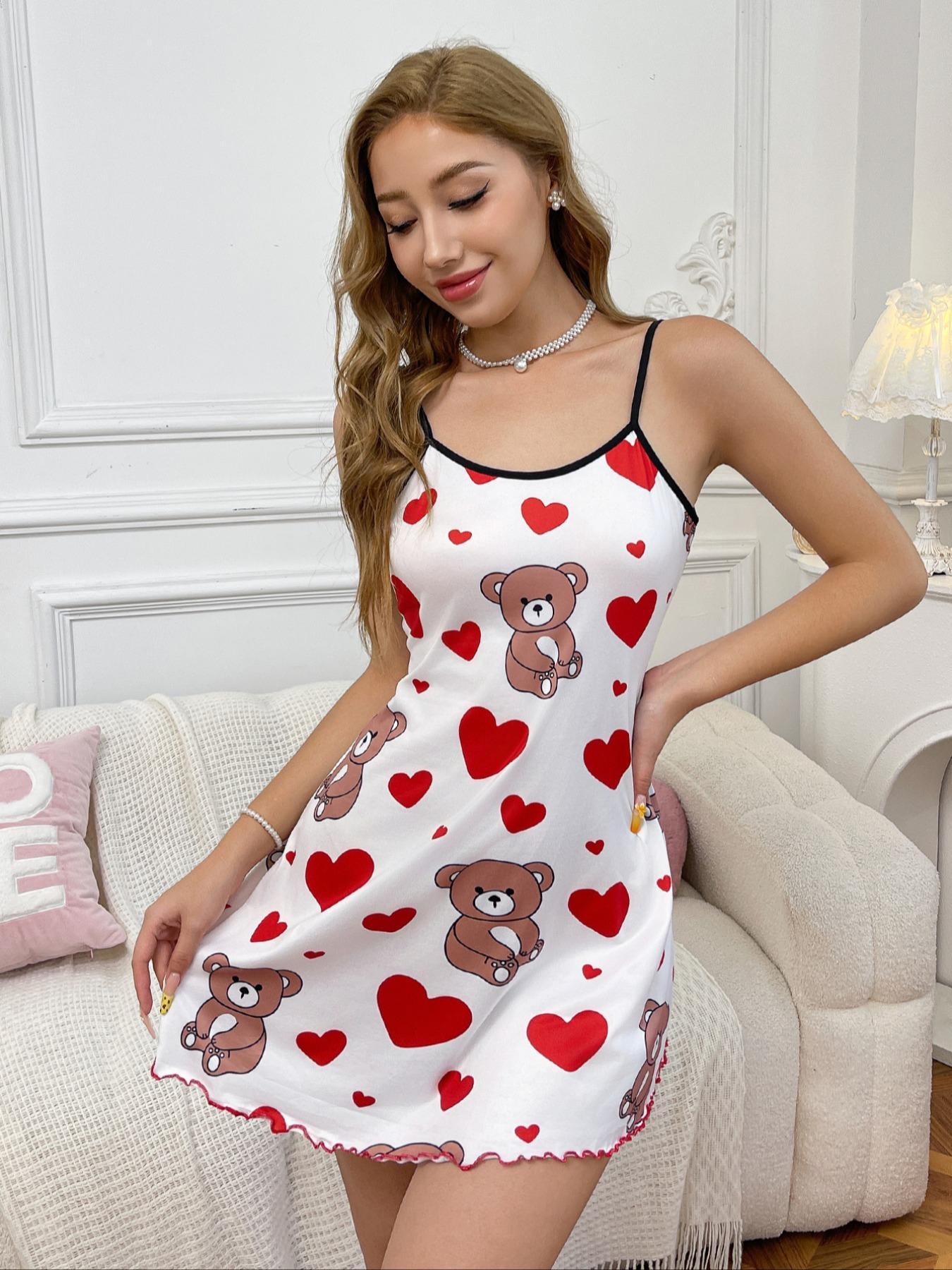 Women's Bear & Heart Print Knit Cami Nightdress, Cute Casual Slim Fit Breathable Soft Comfortable Sleeveless Spaghetti Strap Nightgown for Daily Home Wear, Women's Sleepwear, Loungewear, Spring