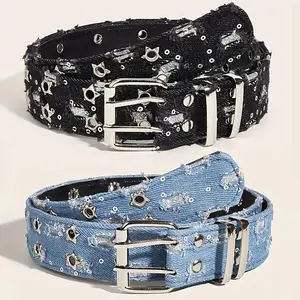 Luxury Y2K Star Hollowed Pin Buckle Belt, Blue Denim Girdle Hip Hop Accessory, Fashion Waistband For Men Women