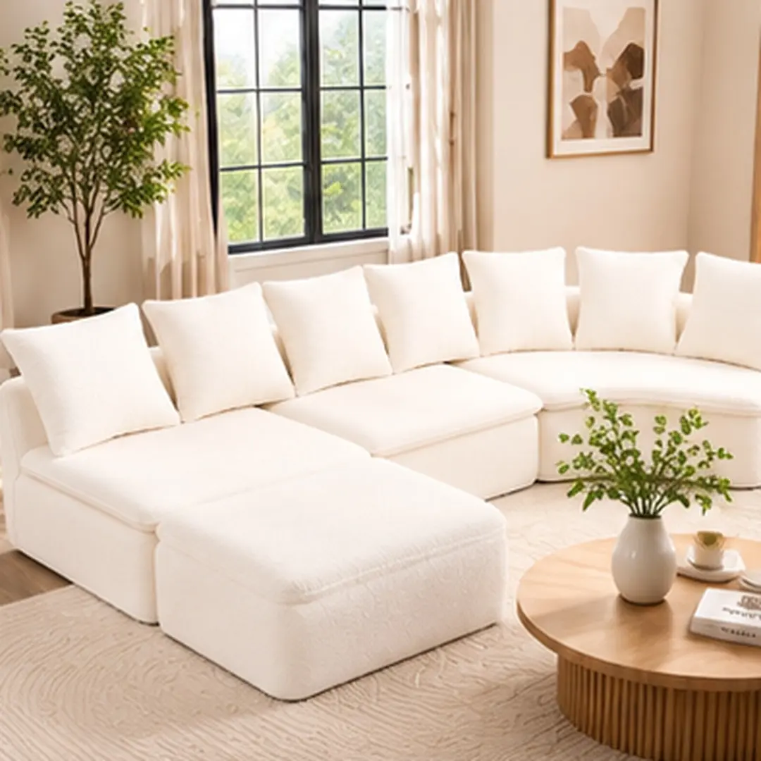 133-Inch ARCH Modular U-Shaped Sectional Sofa - 10-Seat Indoor Furniture with Removable Recliner Module, Milk White Chenille Fabric, No Assembly Required, Flexible Configuration for Living Room or Family Room