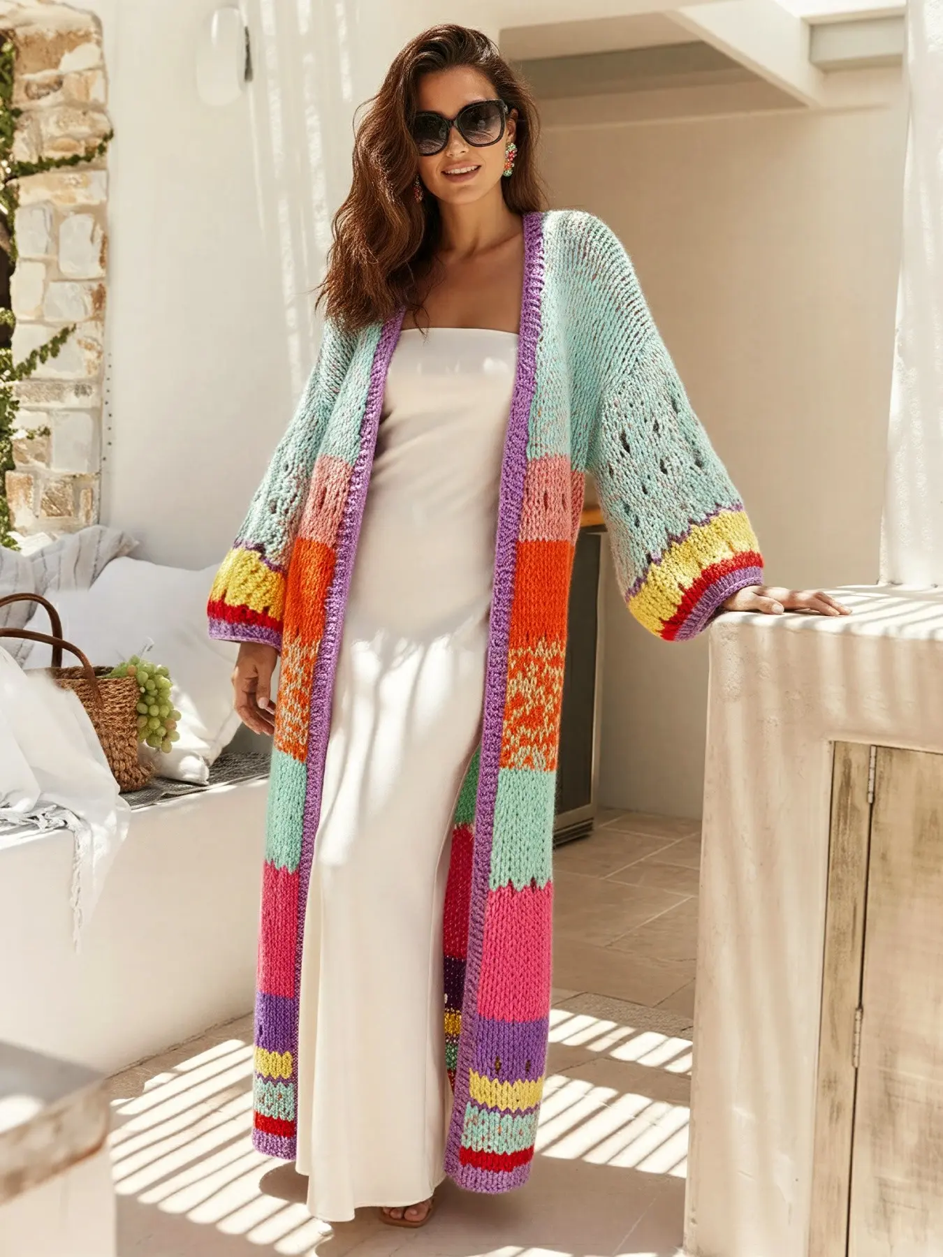 EDOLYNSA Striped Knit Casual Cardigan Women's Colorful Open Front Long Sweater Coat Bright knitwear crochet outfit Cozy lounge wear vacation Boho bathing suit cover up chic Outerwear K292