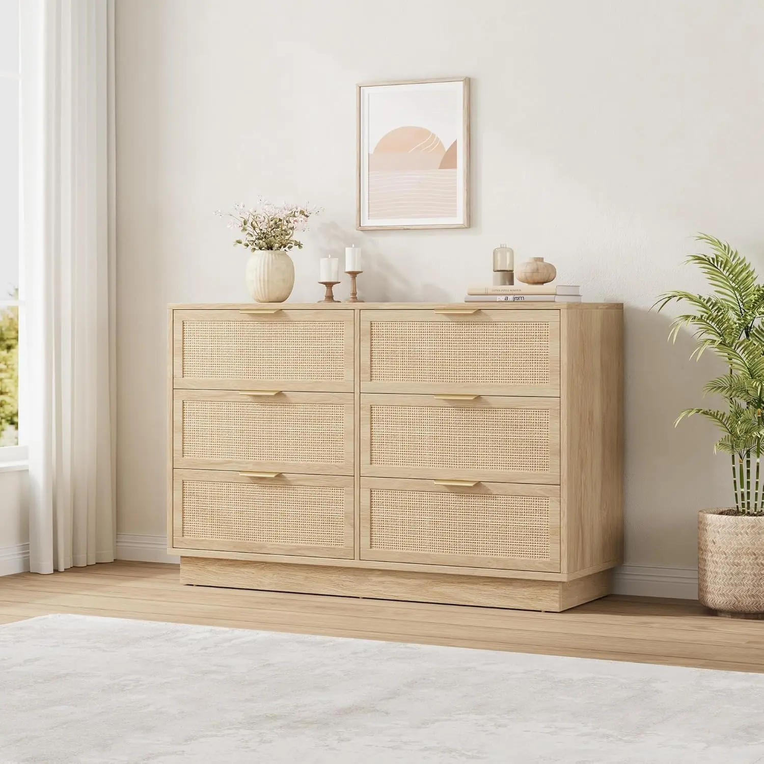 6 Drawer Rattan Dresser for Bedroom, Tall Boho Chest of Drawers with Integrated Cabinet Body & Legs Design, Spacious Wooden Dressers Organizer for Hallways, Entryways, Closet,Wood/White/Black