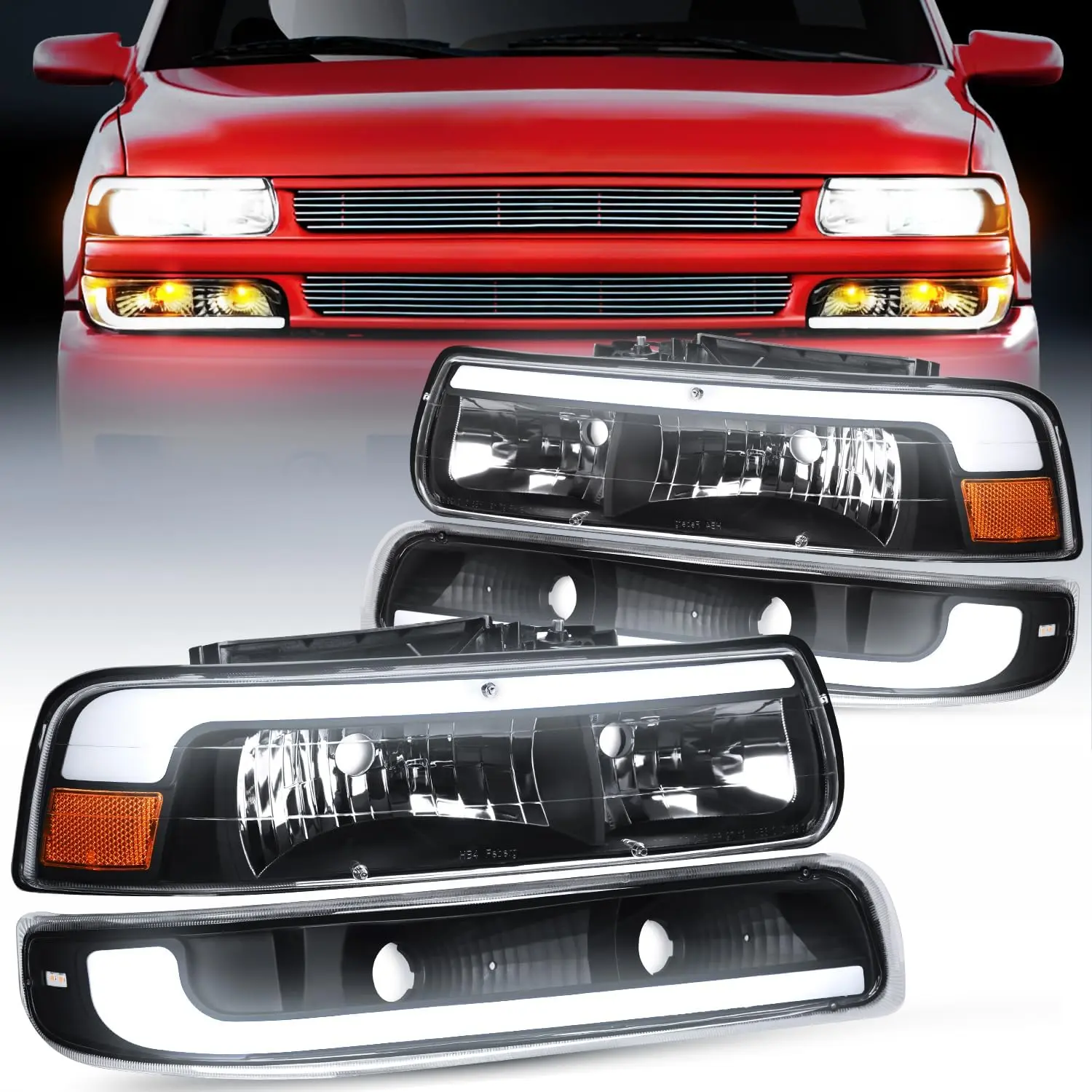 Nilight LED DRL Headlight Assembly for 1999 2000 2001 2002 Chevy Silverado 1500 1500HD 2500 2500HD 3500 Chevrolet Tahoe Suburban Replacement Headlamp Clean Lens Black Housing Amber Bumper Lights Set