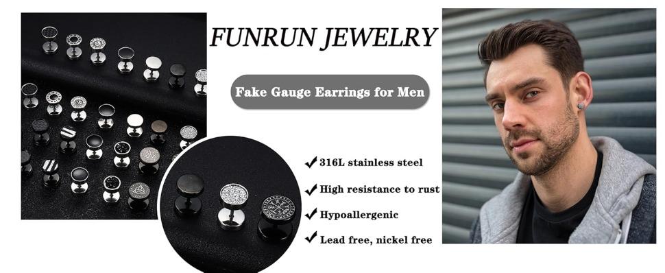 FUNRUN 16 Pairs Punk Faux Gauge Earrings Set - Stainless Steel & Hypoallergenic for Men & Women