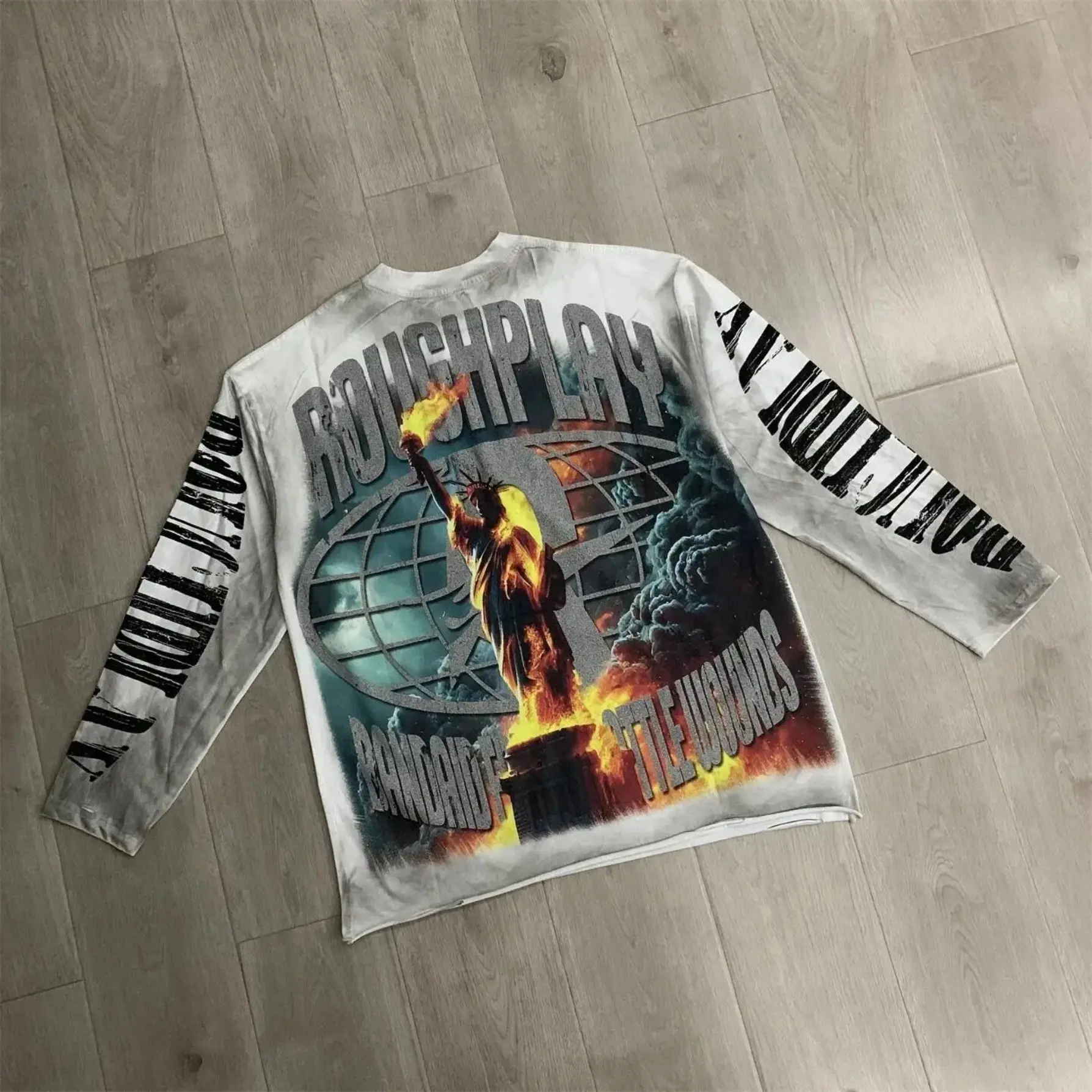 Roughplay Retro American Vintage Long Sleeve T-Shirt 100% Cotton Loose Oversized Y2K Graphic Print Drop Shoulder Crew Neck Casual Streetwear Top Men Women Unisex