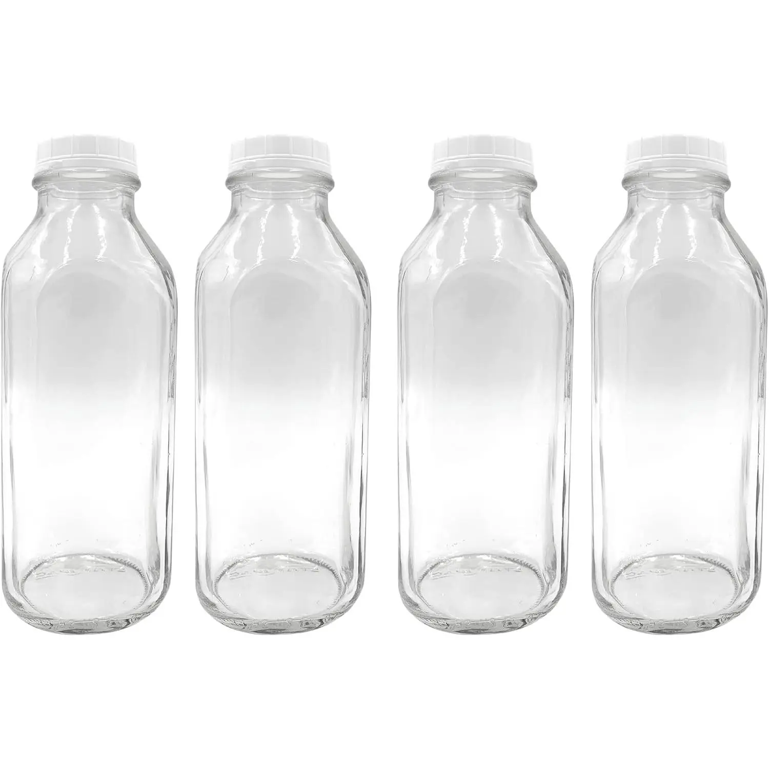 1 Ltr. Glass Milk Bottle with Cap. 4 Pack Square Style 33.8 Oz