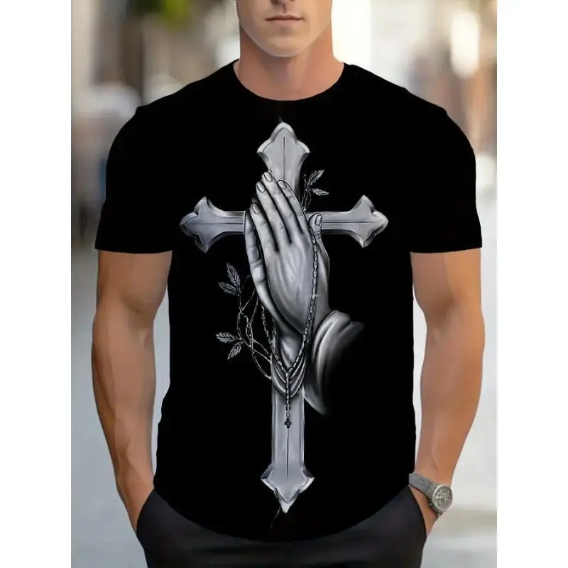 Menswear Graphic T-Shirt with Praying Hands and Cross Print - Casual Streetwear Style Crew Neck Top, Soft CVC Blend Fabric, Plain, Shortsleeve, Round Neck, Tshirt, Male