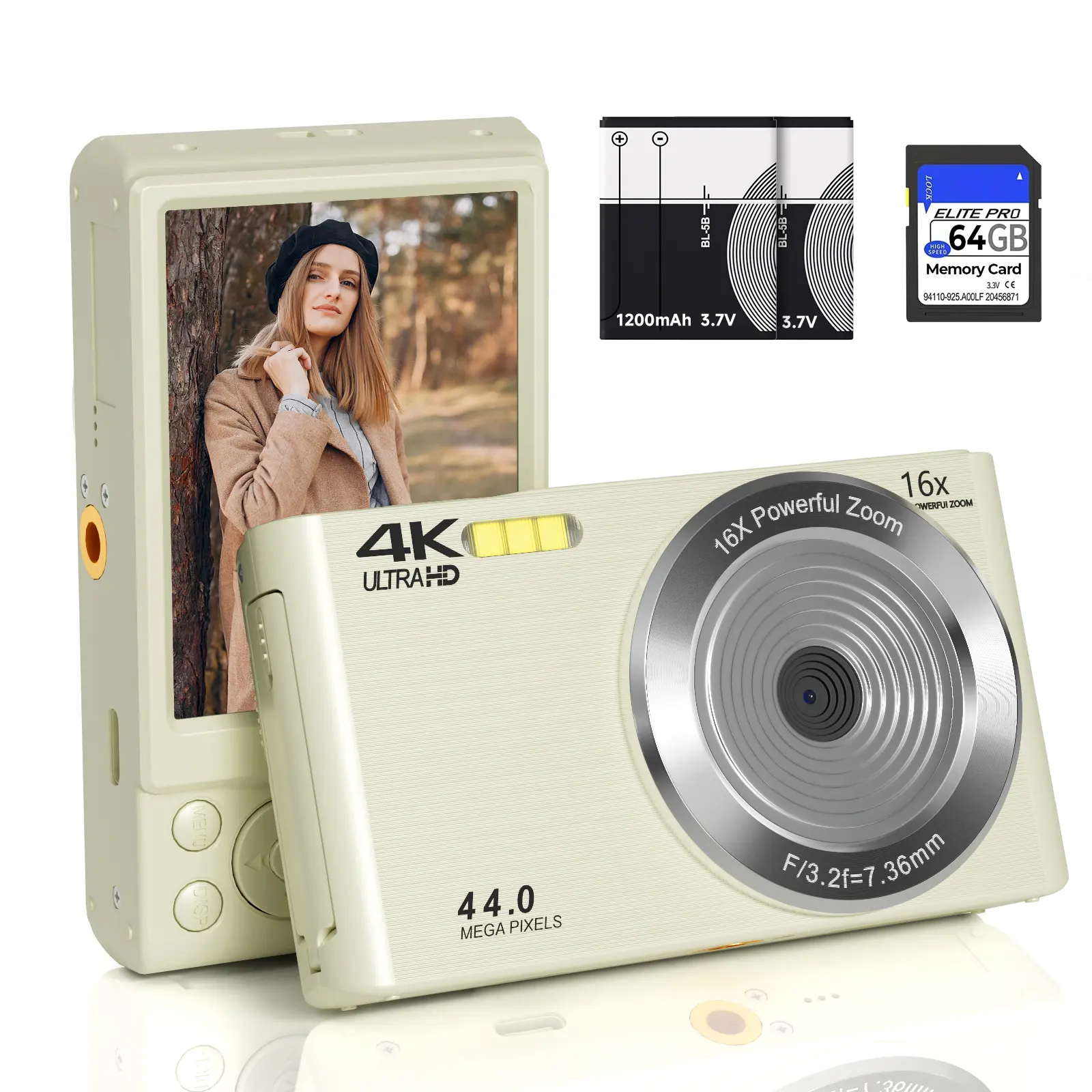 4K Digital Camera for Vlogging, Y2K Vintage Cream White Compact Digicam with 44MP & 16X Digital Zoom, PC Webcam, Starter Kit (64GB Card & 2 Batteries)