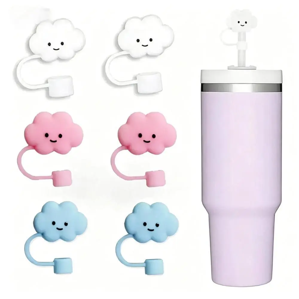 Sturdy Silicone Straw Topper, 6 Piece Whimsical Cloud Cup Covers, Reusable Dust-Proof Beverage Protector for Tumblers & Drinkware