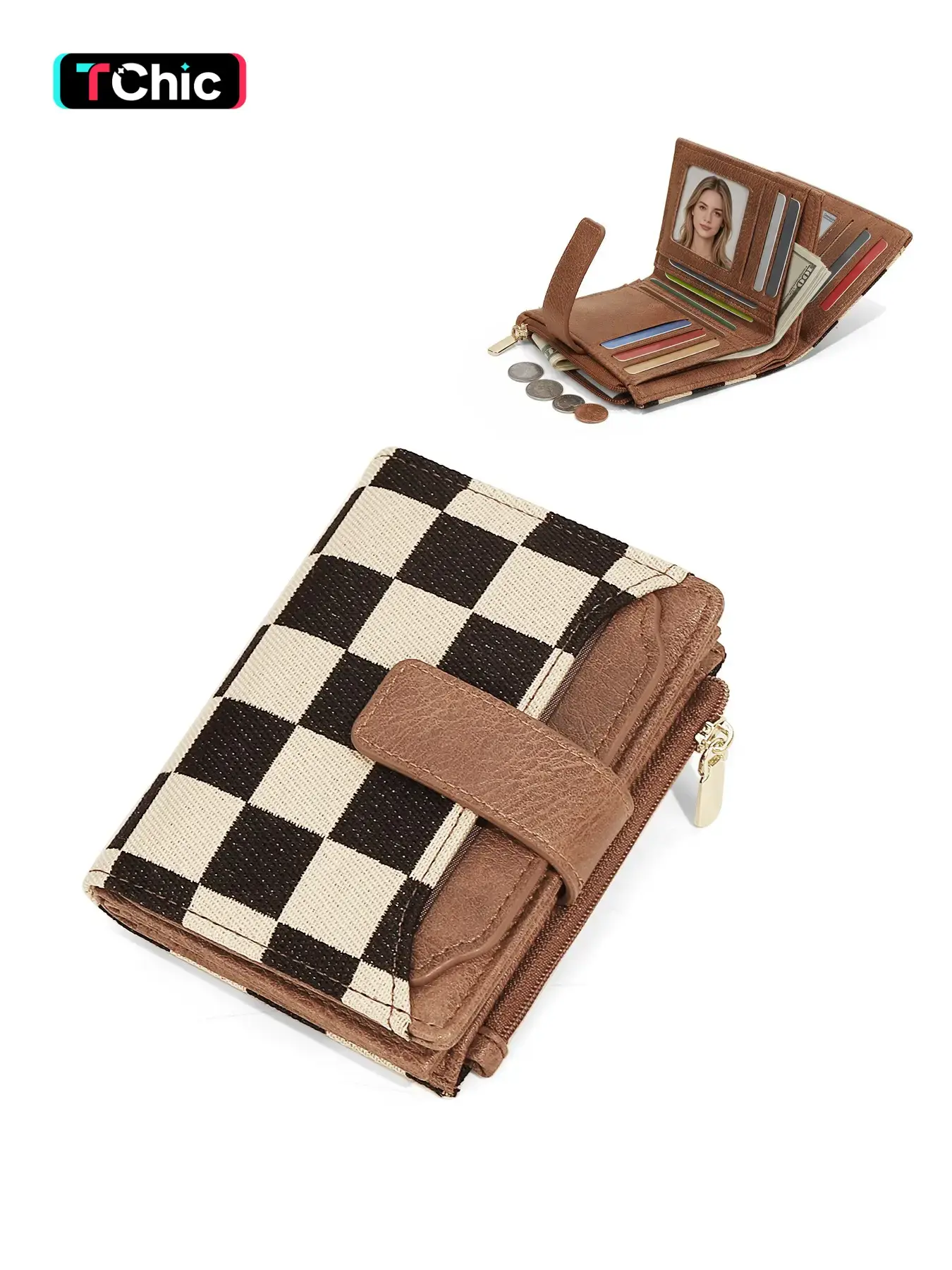 Women's Colorblock Checkered Small Wallet, Soft PU Leather Compact Fashionable Card Holder, Bifold Wallet for Women with Zipper Coin Pocket & 3 ID Windows