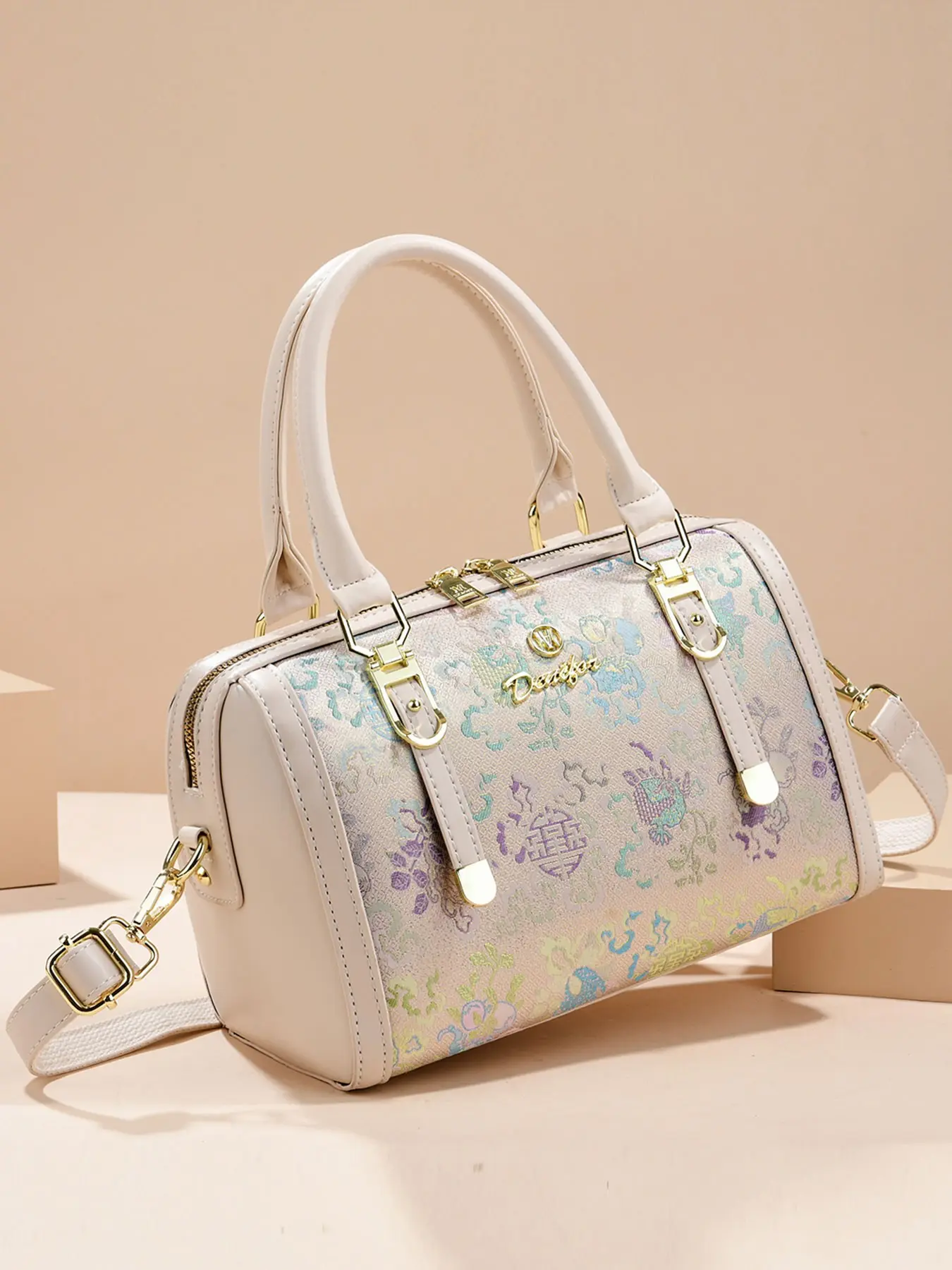 Women's Floral Embroidered Boston Bag, Colorblock Leather Trim, Detachable Adjustable Crossbody Strap, Casual Daily Use, Crossbody Handbags, Perfect for Work and Dates