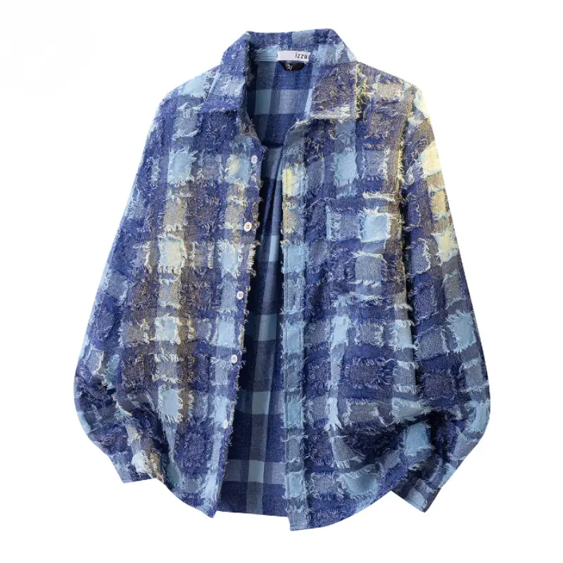Men's Fringed Plaid Collared Jacket, Check Pattern, 3D Raw Fringe Texture, Drop-Shoulder Fit, Trendy Street Style, Fashionable & Versatile, Suitable for Daily Commute and Street Wear in Spring and Autumn.