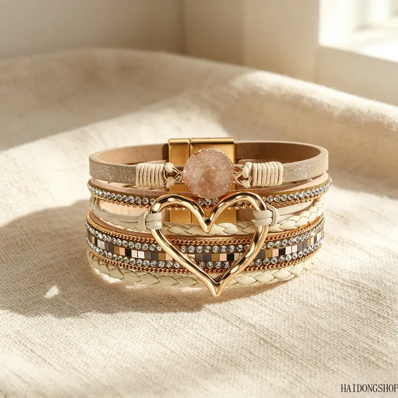 Boho Viral Coastal Quiet Luxury Raw Stone Heart Leather Wrap Bracelet For Women, Multi-Layer Stackable Hand Wrapped Wrist Bangle, Spiritual Bohemian Accessory For Beach Festival Travel Daily Outfit Styling