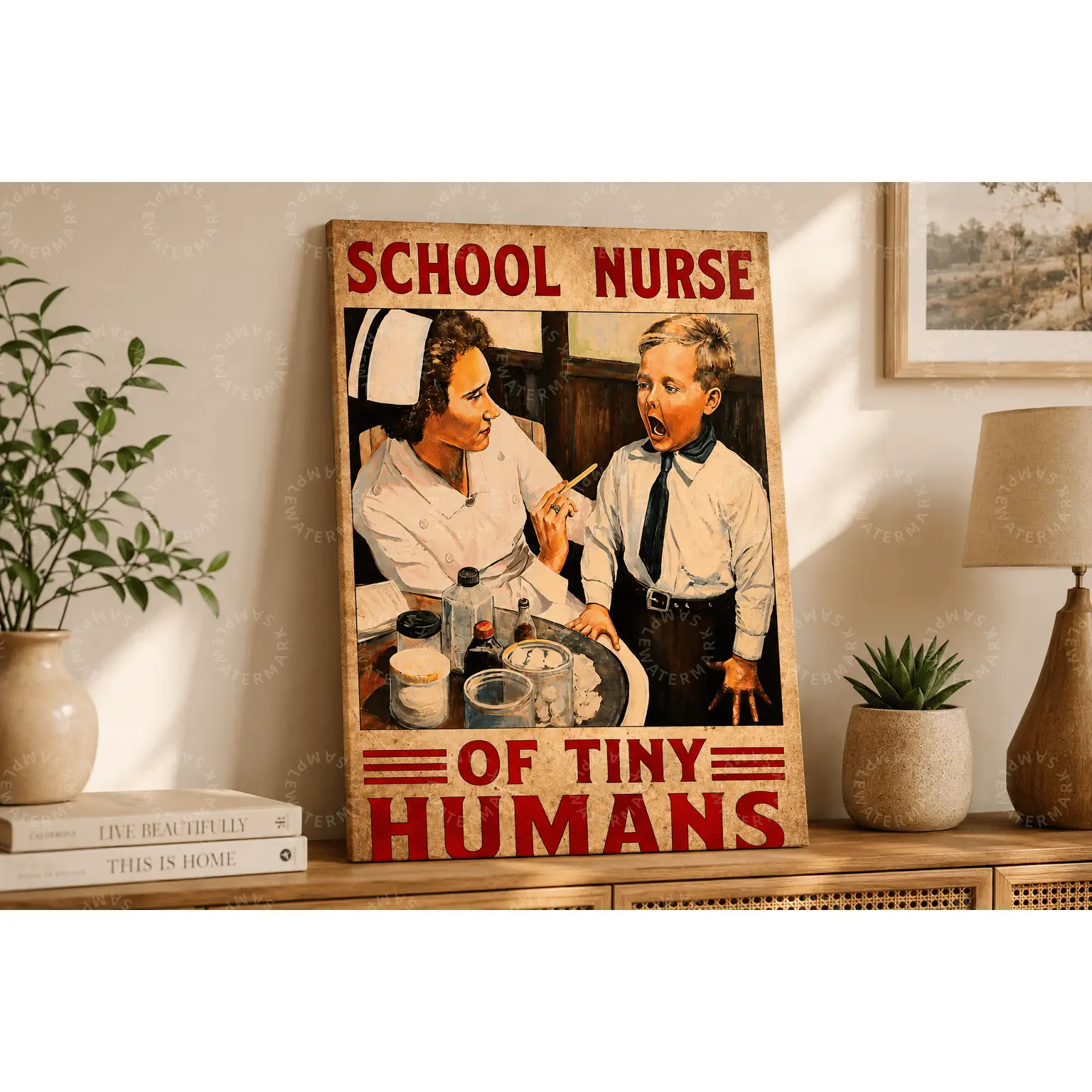 Vintage School Nurse of Tiny Humans Poster, Retro Medical Classroom Wall Art, Funny Nurse Gift, Aesthetic Canvas Print for Office, Clinic, Bedroom, Living Room Decor, Teacher Appreciation Wall Decor