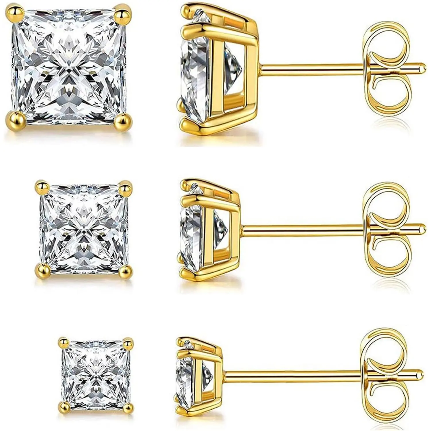 5 Pairs 316L Stainless Steel Earrings Set 3-7MM  Princess Cut Cubic Zirconia Square Stud Earring  for Women and Men
