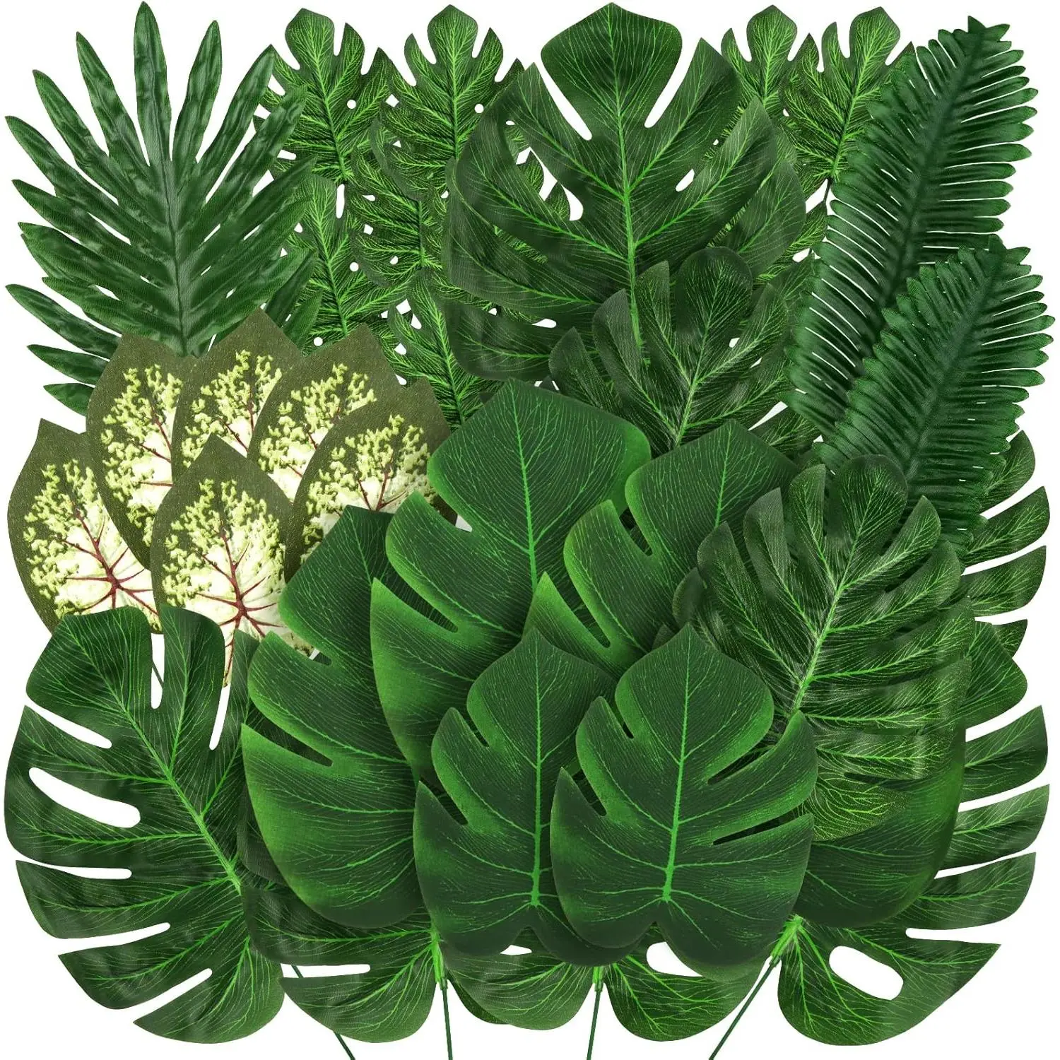 Jungle Party Decorations, 78 count 8 Kinds Artificial Palm Leaves Green Tropical Leaves with Stems Jungle Leaves Decorations Palm for Hawaiian Luau Party Jungle Beach Table