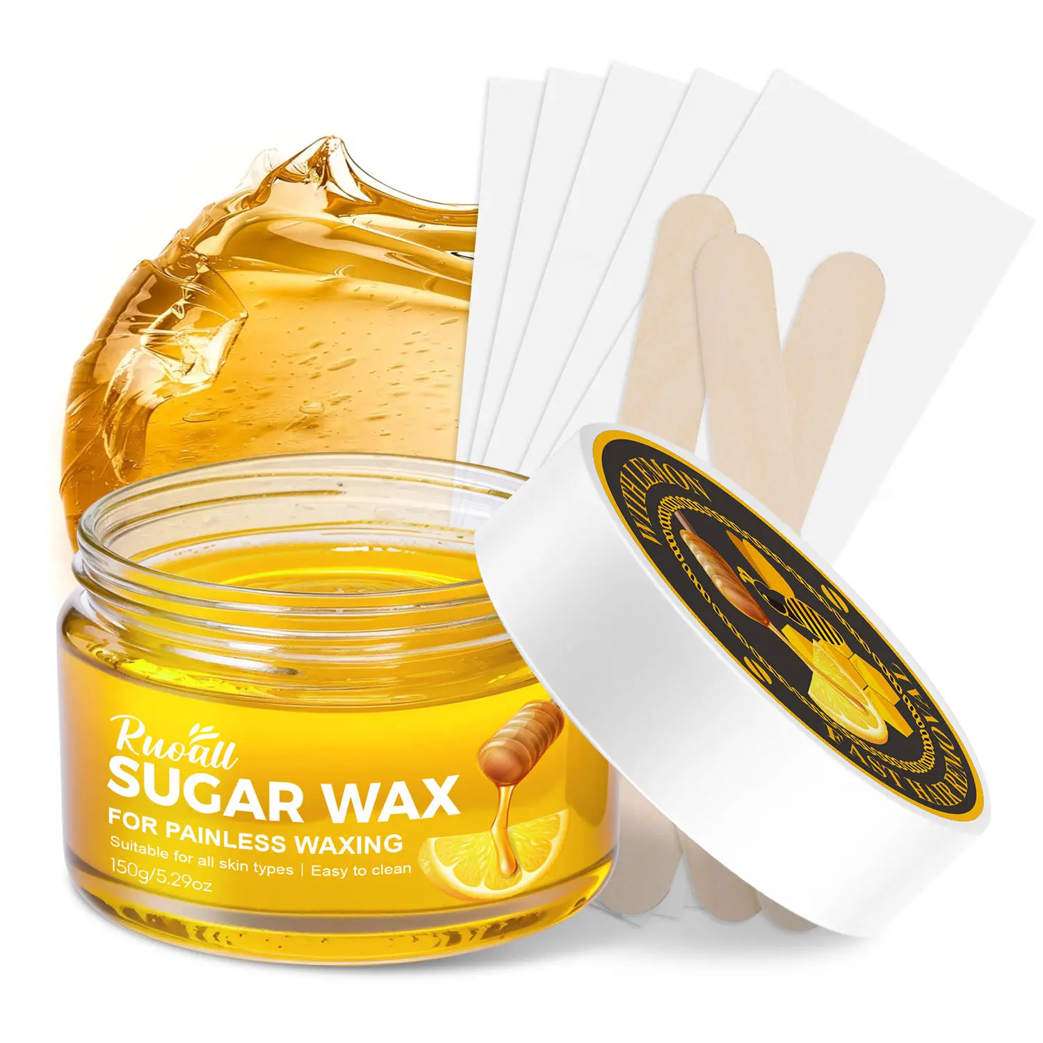 Ruoall Lemon Sugar Wax Hair Removal Kit, Natural Painless Sugaring Paste with Wax Strips & Wooden Spatulas, Gentle At Home Waxing for Legs Arms Bikini All Skin Types, 150g Water Cleanable Sugar Wax, Easy Hair Removal