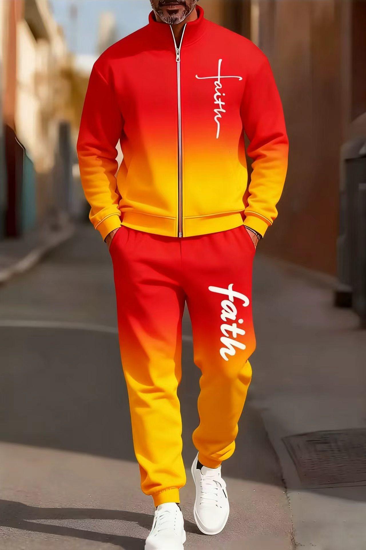 Men's fashionable two-piece set, a popular style featuring gradient and multi-colored sportswear, is here: blending street fashion with a sporty vibe, effortlessly exuding a trendy and fashionable look