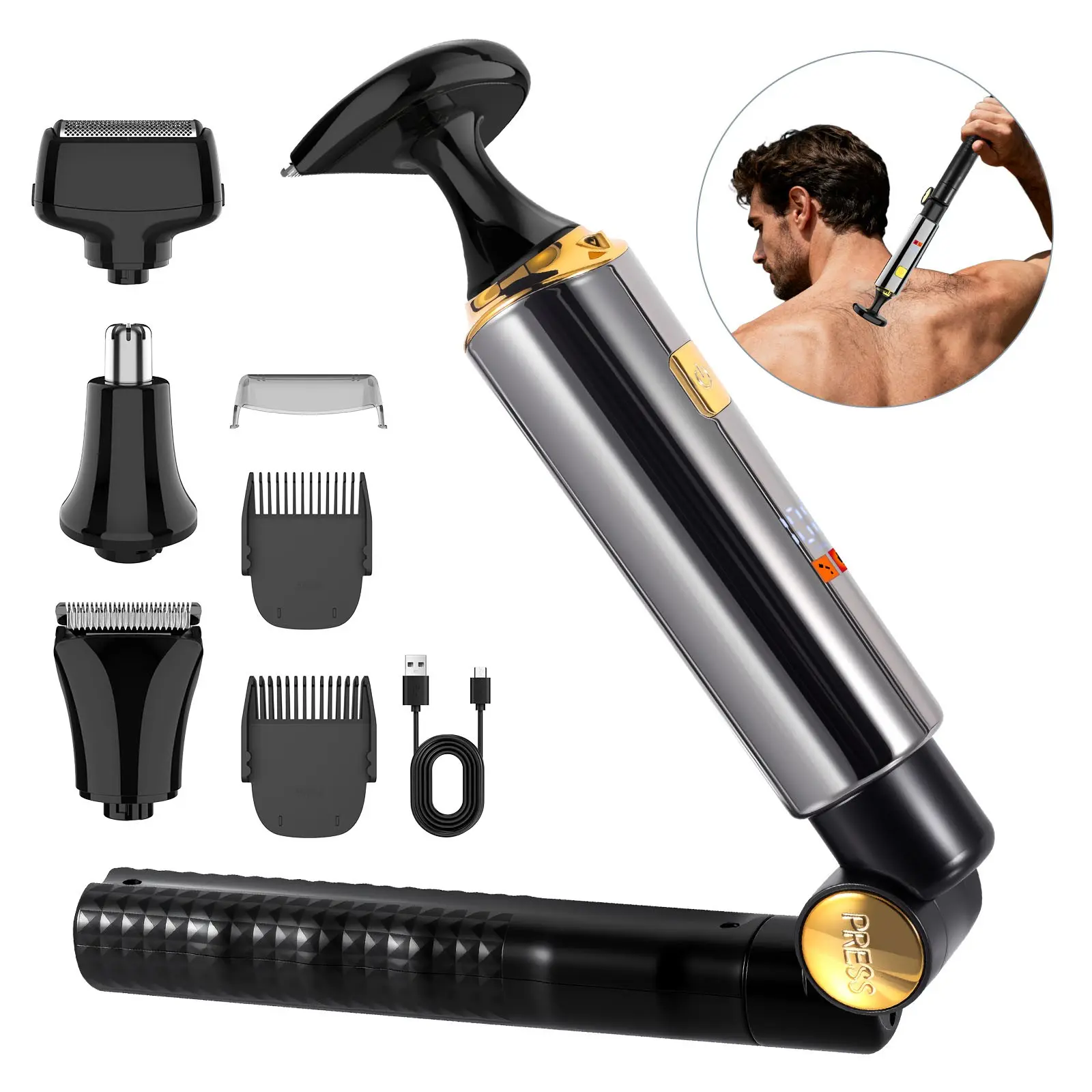 Men's Electric Back Shaver Body Care Kit, Wireless Trimmer with Adjustable Handle, Waterproof Design, Face Arm Chin Hair Trimmer