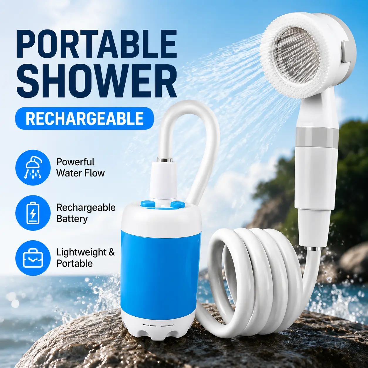 Portable Shower,Outdoor dormitory bath artifact Electric Rechargeable Portable Camping Shower, simple car self-priming shower,pet Shower, Blue