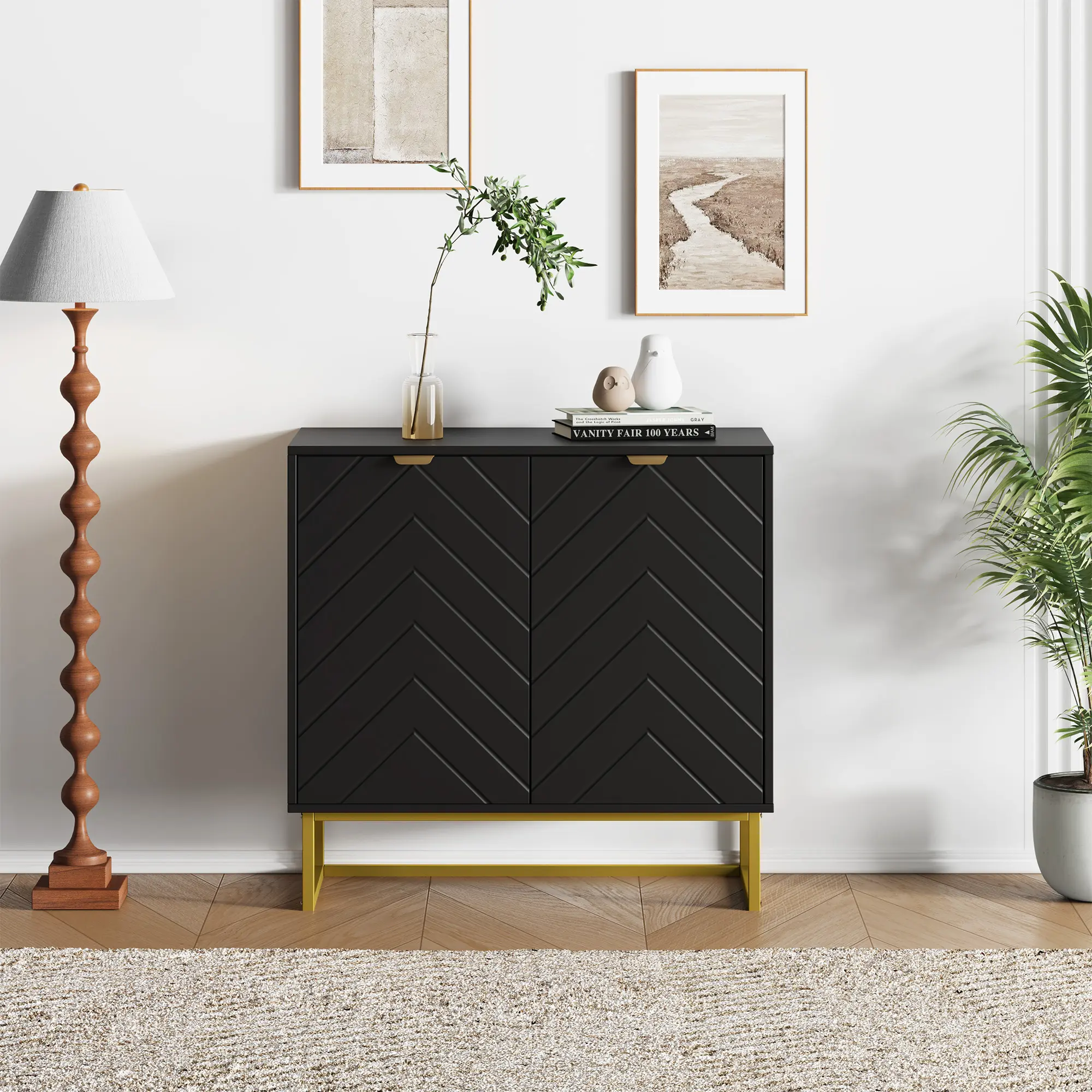 Modern Herringbone Sideboard Buffet Cabinet, 31.5” Wood Storage Console with Gold Handles, Double Doors & Adjustable Shelves, White/Black Multi-Use Furniture for Entryway, Living & Dining Room