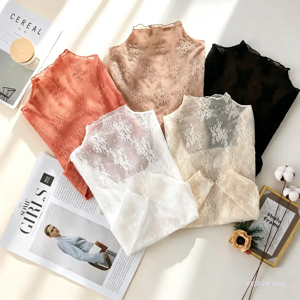 Women's 5-Pack Elegant Lace Pattern Long Sleeve Tight-Fit Innerwear, Breathable Soft Stretchy Lightweight Base Layer, Sheer Lady's Undershirt Blouse for Office Dates, Spring Autumn Layering Essential (Sohochic) Top Womenswear