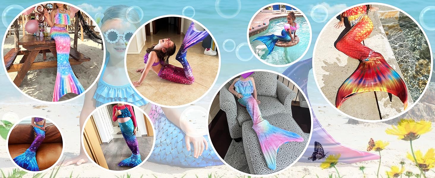 Girls 4‑Piece Teal Blue Gradient Mermaid Tail Swimsuit Set with Monofin, Striped Ruffled Bikini Bathing Suit for Kids Pool Beach Summer Swimming