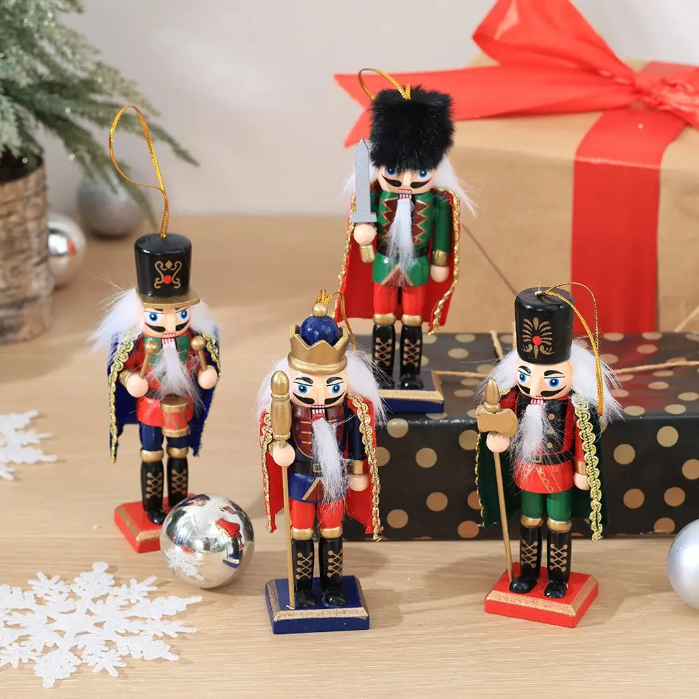 4-Piece Wooden Nutcracker Ornament Set, Hand Painted Mini Soldier Statues, Christmas Tree Decor, Gift Box, Vintage Style